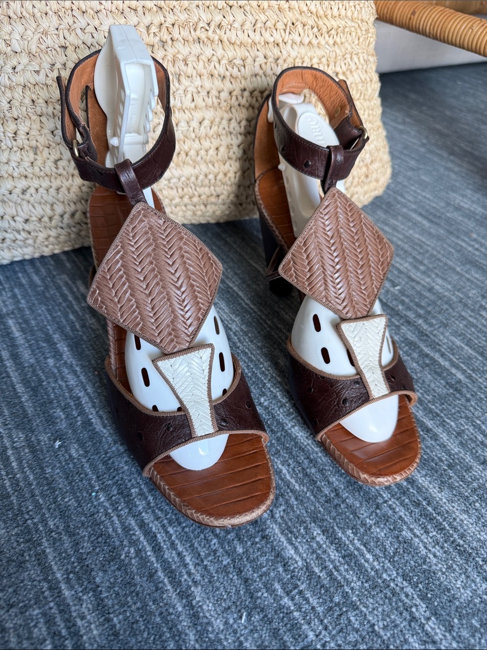 Chie Mihara Brown & Tan Textured Leather Strappy Heels